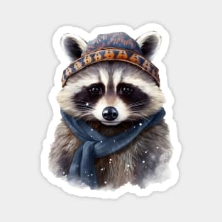 Raccoon in a warm hat and knitted scarf winter Magnet