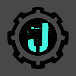 Ice Blue Letter J in a Black Industrial Cog T-Shirt