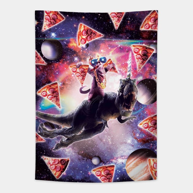 Thug Space Cat On Dinosaur Unicorn - Pizza Tapestry by Random Galaxy