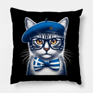 Cat With Greece Flag Bowtie Pillow