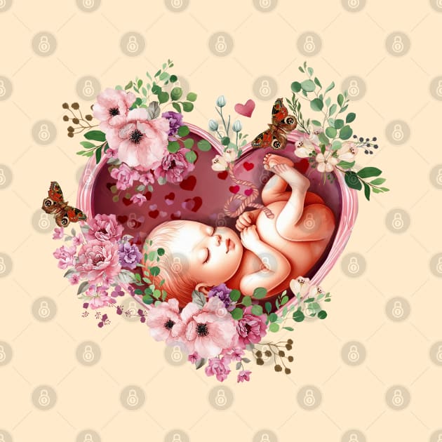 Baby inside the heart shaped womb, fetus, maternity floral botany, fetal, pregnant,vintage anatomy style, anatomy art, student, doctor, medical by Collagedream