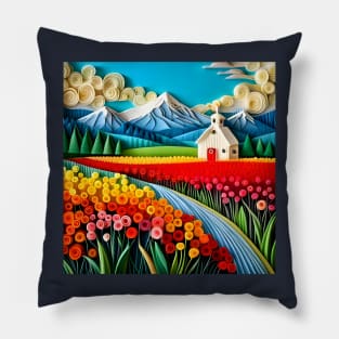 Swirly Quilled Fantasy Field of Multicolor Flowers and Mountains Pillow