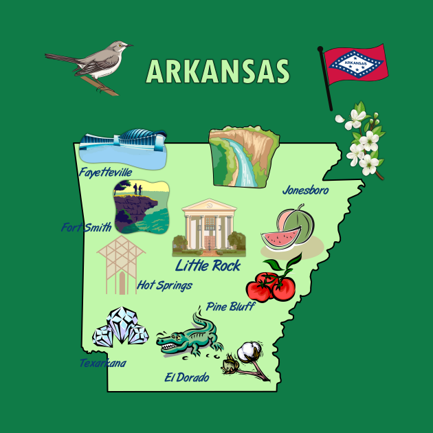 Arkansas tourist map with landmarks, attractions and famous symbols