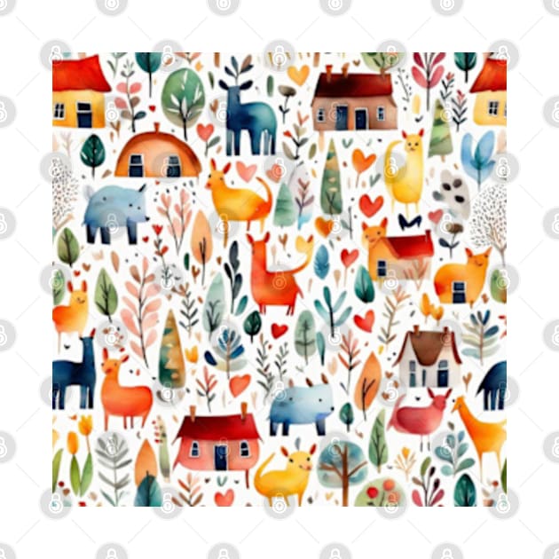 Cute cottagecore pattern houses animals trees beautiful countryside pattern village pattern gifts by WeLoveAnimals