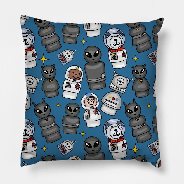 Little Astronauts, Space Dog, Aliens, and Robots Pattern Pillow by Slightly Unhinged