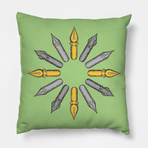 Dip Pen Nibs Circle (Green, Yellow, Gray) Pillow by illucalliart