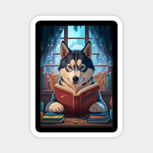 Cute Siberian husky reading book Magnet