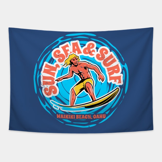 Vintage Sun, Sea & Surf Waikiki Beach Oahu, Hawaii // Retro Surfing // Surfer Catching Waves Tapestry by Now Boarding