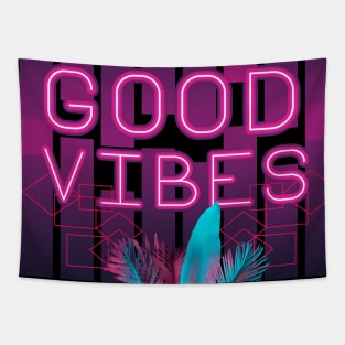 Tropical Summer Neon Good Vibes Aesthetic with Monsteras Palm and Banana Leaves Tapestry