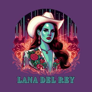 Neon Cowgirl Dreams: Lana Del Rey in Psychedelic Desert Nights w/ Lettering T-Shirt