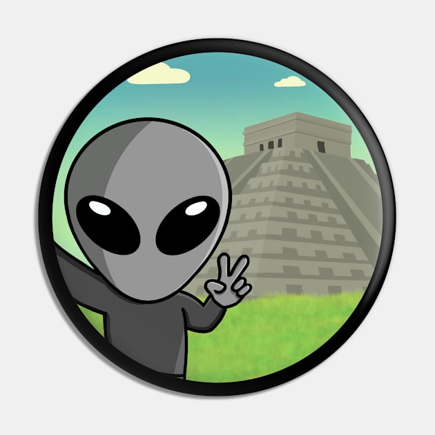 Gray Space Alien Selfie Chichen Itza Pin by SpaceAlienTees