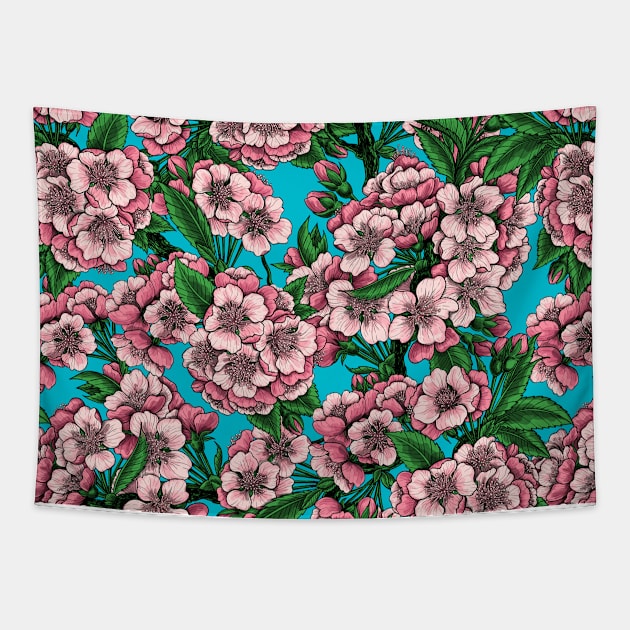 Cherry blossom on blue Tapestry by katerinamk