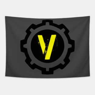 Yellow Letter V in a Black Industrial Cog Tapestry