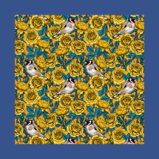 Yellow rose flowers and goldfinch birds T-Shirt