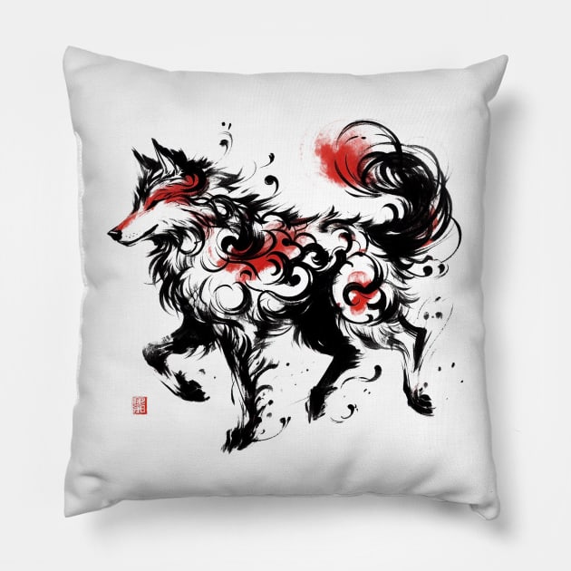 Chinese Style Ink Wolf Pillow by T-Shirt Paradise