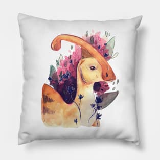 Cute Parasaurolophus Dinosaur Painting with Flowers and Leaves Pillow