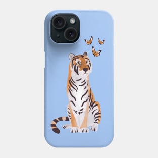 Tiger with butterflies paper cut art illustration on blue background Phone Case