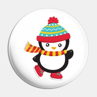 Christmas Penguin, Ice Skating Penguin, Hat, Scarf Pin