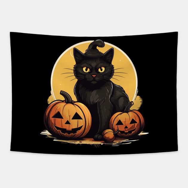 Retro Black Cat Halloween Pumpkin Costume Scary Spooky Night Tapestry by RetroZin