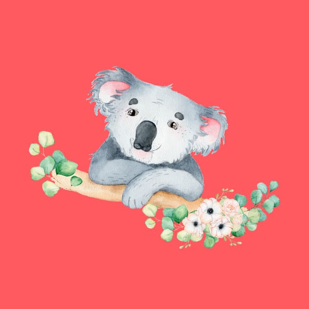 Koala in watercolor with leaves and flowers by pickledpossums