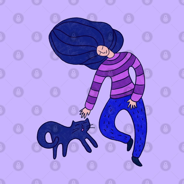 Cool girl with blue hair and blue cat walking, version 4 by iulistration