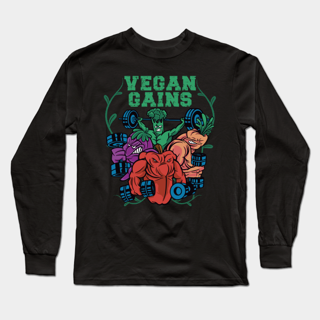 Vegan Gains Funny Vegan Fitness - Vegan - Sleeve T-Shirt | TeePublic