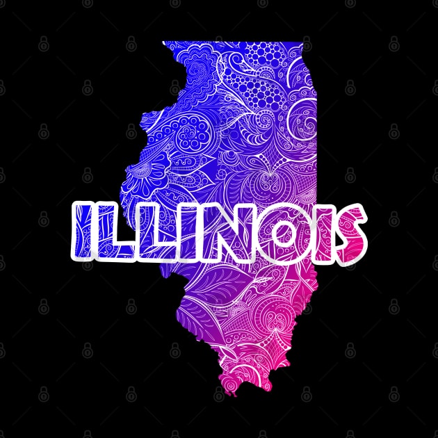 Colorful mandala art map of Illinois with text in blue and violet by Happy Citizen