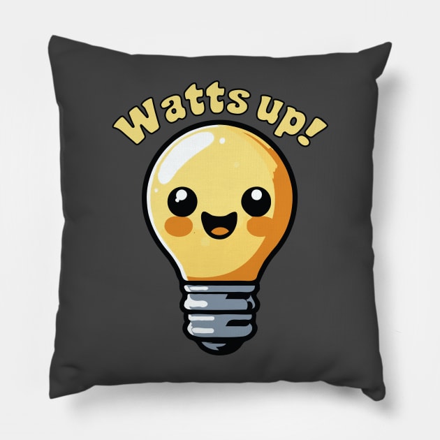 Watts Up Cute Electricity Light Bulb Cartoon Pun Pillow by valiantbrotha