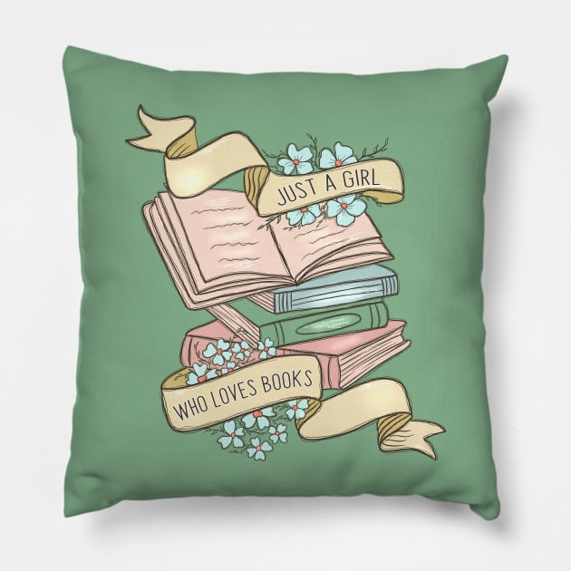 Just A Girl Who Loves Books, Floral Ribbon Bookworm Librarian Retro Vintage Pillow by JDVNart