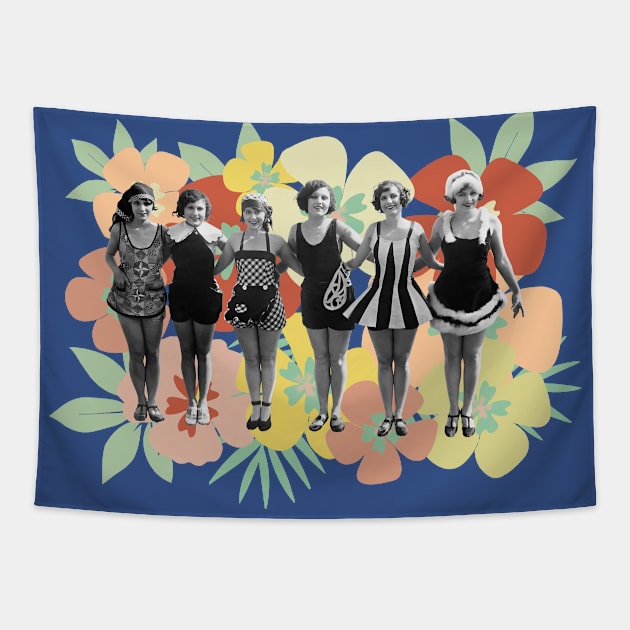 "Bathing Beauties" in black and white, 1928, with tropical background added - vintage Roaring Twenties photo, cleaned and restored Tapestry by retrografika