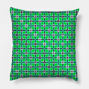 1970s Retro Inspired Polyhedral Dice Set and Leaf Seamless Pattern - Mint Pillow