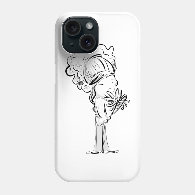 Curly Haired Girl Smelling Daisies Phone Case by Jason's Doodles