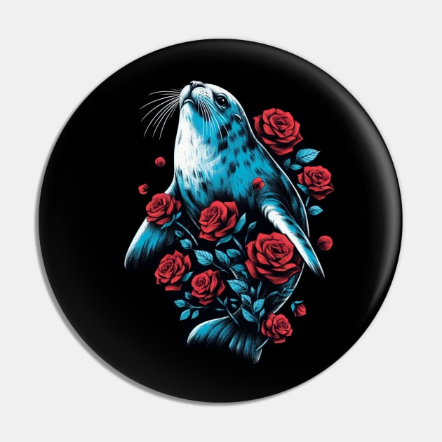 Cute Seal Red Roses Pin by DarkWave