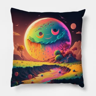 Spooky Smiling Moon Mountainscape - Psychedelic Landscape - Paint Dripping 3D Illustration - Colorful Haunted Nature Scene Pillow