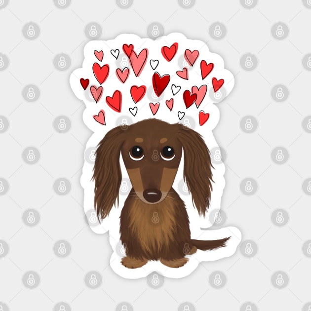Cute Wiener Dog | Longhaired Chocolate Dachshund with Valentine Hearts Magnet by Coffee Squirrel