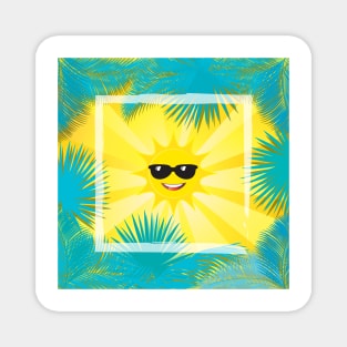 Hello Summer! Happy Sun Smiley Tropical palm frame Magnet