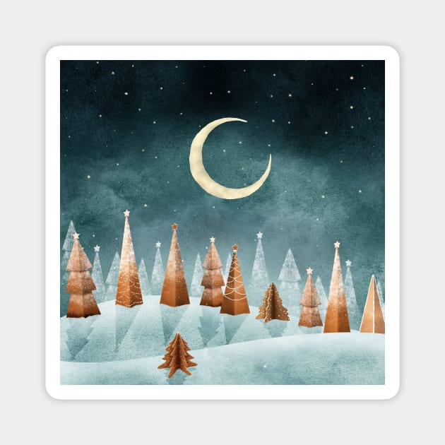 Magic winter forest watercolor illustration. Gingerbread Christmas trees winter landscape. Fantasy Candy world moonlight scenery. Cookie trees Magnet by likapix