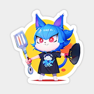 Cat girl holding a spatula and a pan, kitty cooking anime digital art Magnet