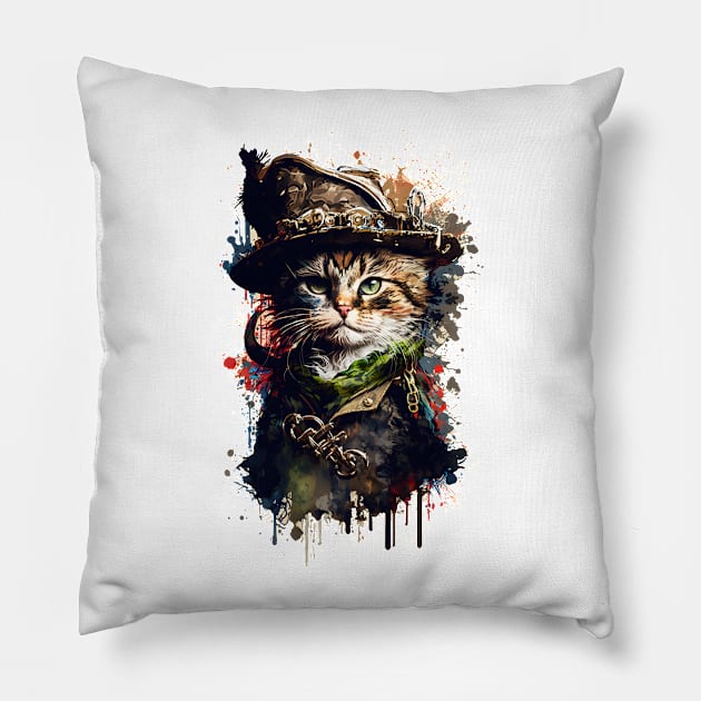 Pirate Cat Colorful Painting Pillow by ArtisticCorner