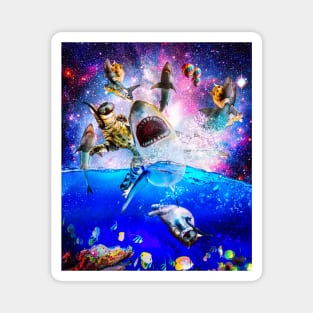 Rainbow Galaxy Cat Riding Shark In Space Magnet