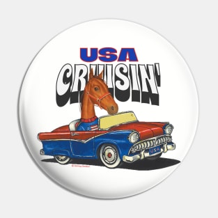 Cute Horse driving funny vintage car through the USA Pin