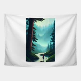 Anime Girl Nature Greenish Forest River Landscape Tapestry