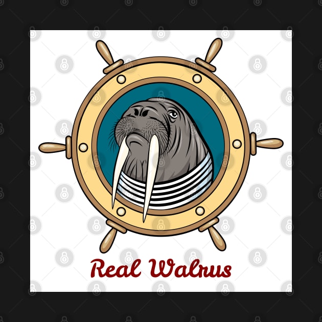 Walrus in seaman shirt against steering wheel drawn in cartoon style. by devaleta