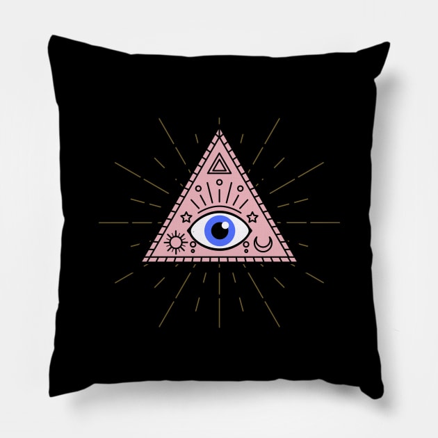 All Seeing eye - Pink with Blue eye Pillow by Just In Tee Shirts