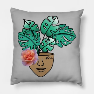 Surreal Monstera House Plant Person with Pink Rose Pillow