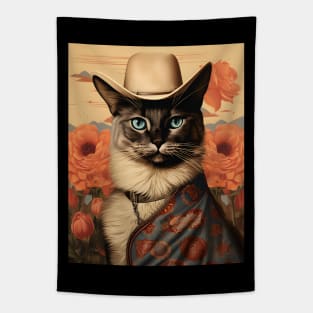 Retro Vintage Cowboy Siamese Cat - Whiskered Wild West Adventure Tapestry