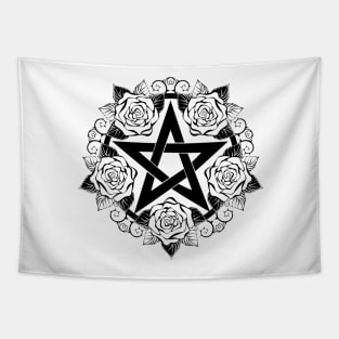 Black Pentagram with Roses Tapestry