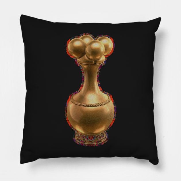 Digital Rendering of a  Pre-Columbian Quimbaya Poporo in Gold Leaf on a Mola Inspired Pattern Pillow by Diego-t