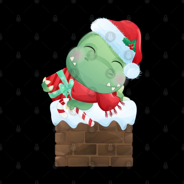 Cute Christmas T Rex Dinosaur Lying On Chimney by P-ashion Tee