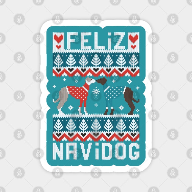 Feliz Navidog witty wordplay fair isle greyhounds // spot // teal and navy background cute dogs dressed with teal and red knitted Christmas ugly sweaters pixel art Magnet by SelmaCardoso